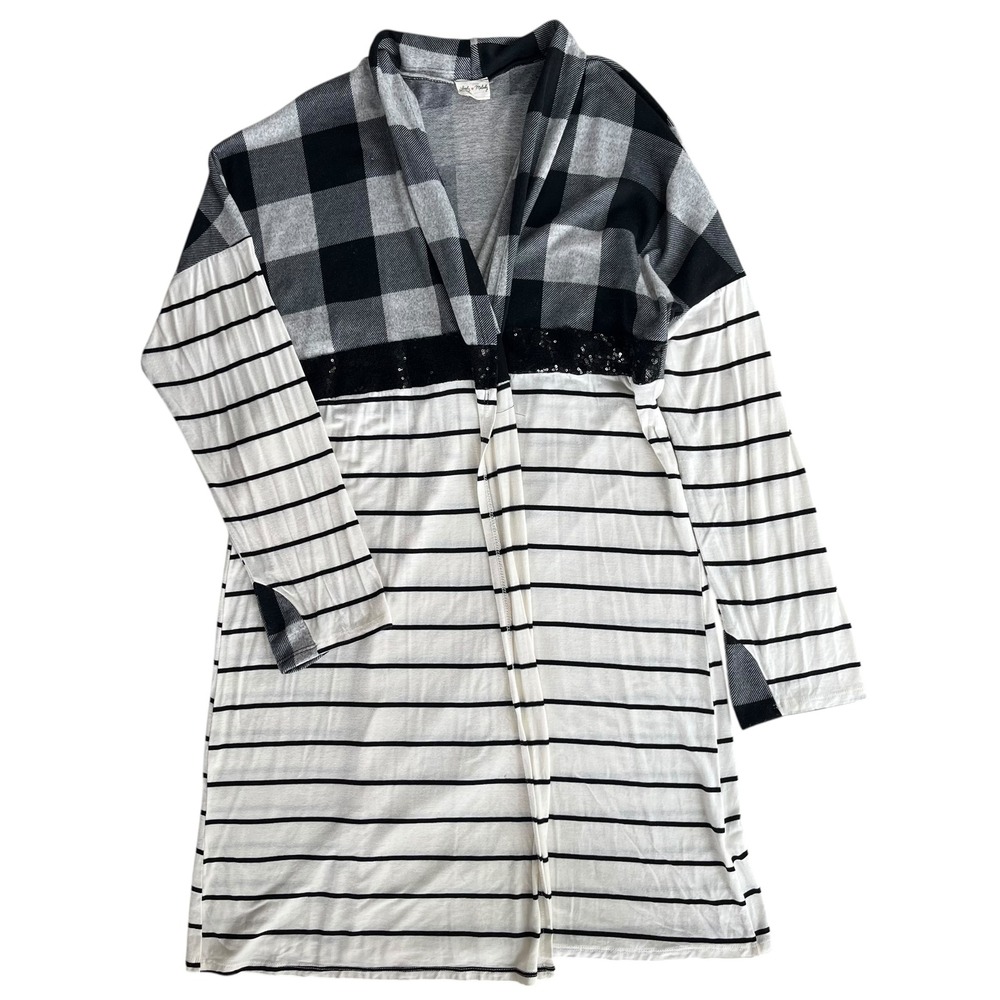 Lovely Melody XL Black White Buffalo Plaid Stripe Sequin Open Fr Duster Cardigan